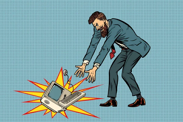 Businessman in rage breaks computer — Stock Vector