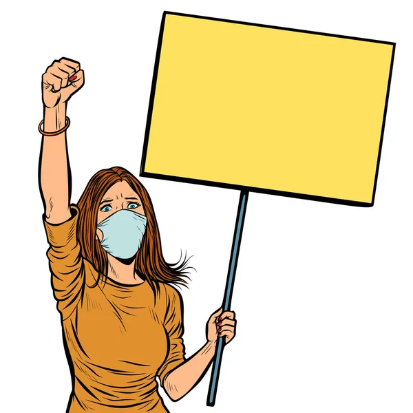 Mulher em protestos máscara médica com um cartaz. isolado em b branco — Vetor de Stock