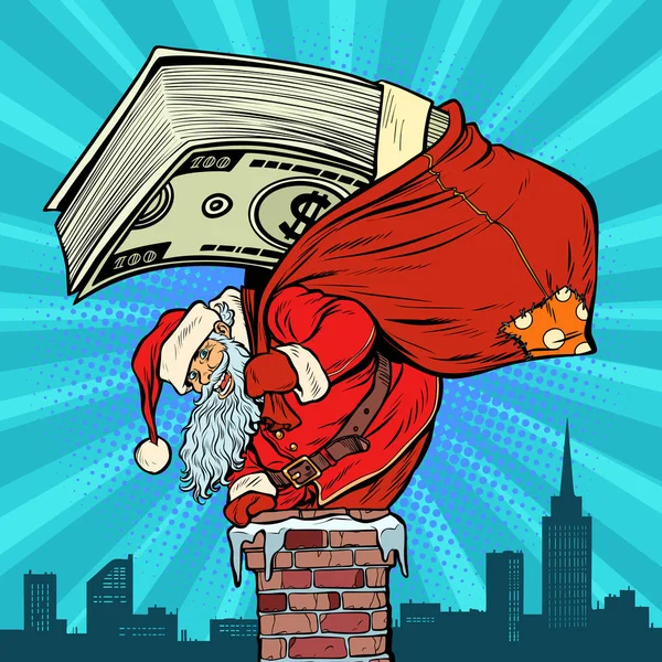 Δολάρια μετρητά χρήματα. Άγιος Βασίλης με τα δώρα που ανεβαίνει στο το chimn — Διανυσματικό Αρχείο