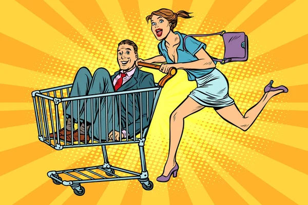 Pop art woman with man in a shopping trolley — Stock Vector