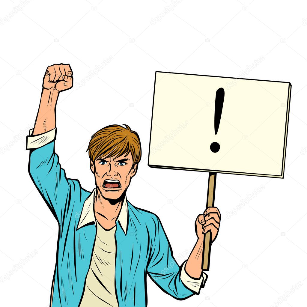 A man protests with a poster. Isolate on white background
