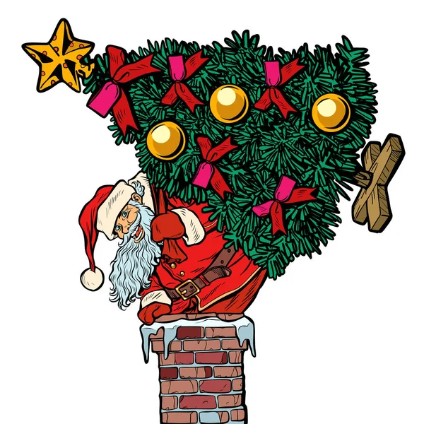 Weihnachtsmann mit Weihnachtsbaum klettert auf den Schornstein. isolieren sich auf — Stockvektor