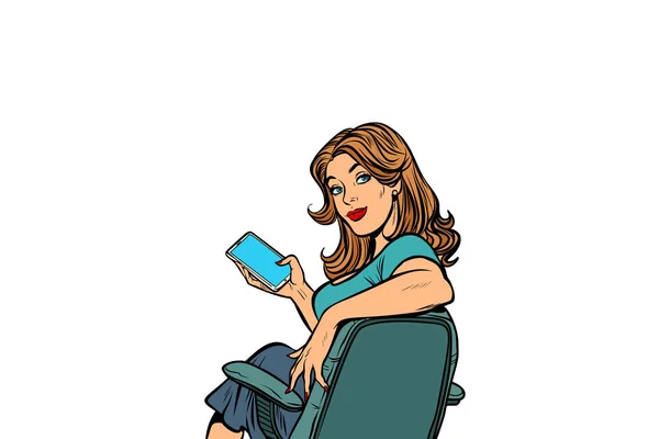 Поп-арт Бізнес-леді в кріслі зі смартфоном — стоковий вектор
