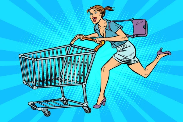 Pop art Woman running with shopping cart — Stock Vector