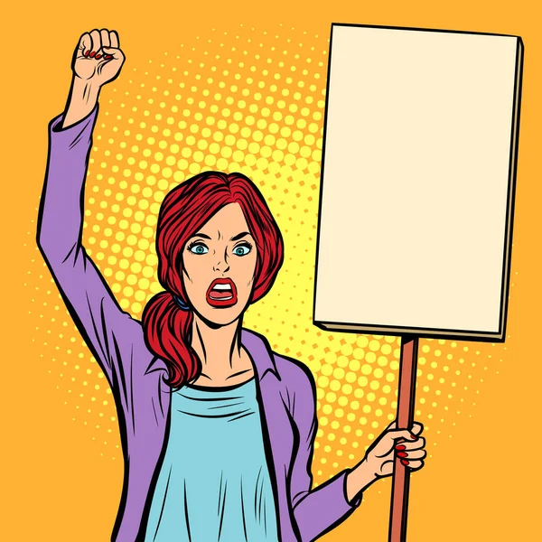 Pop art Woman protesting with a poster. Political activist at th — Stock Vector