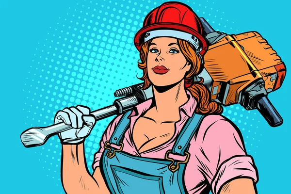 Pop arte mulheres trabalhador rodoviário Construtor com jackhammer — Vetor de Stock