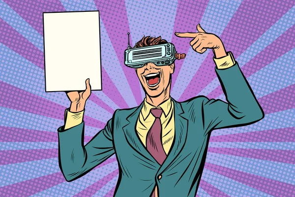 Pop Art Virtual Reality vr Brille Geschäftsmann zeigt auf copy sp — Stockvektor