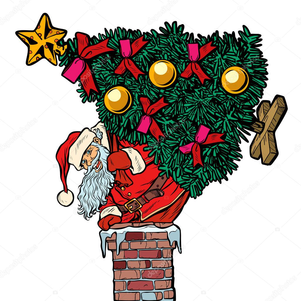 Santa Claus with a Christmas tree climbs the chimney. Isolate on