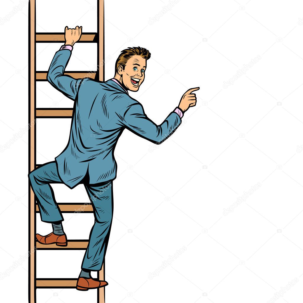 businessman climbs stairs, man points to copy space