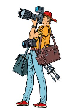 Fotoğraf makinesi ve donanımları ile profesyonel fotoğrafçı. Üzerinde izole 