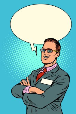 Kendine güvenen işadamı söylüyor. Komik kabarcık