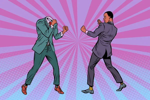 Dos hombres de negocios peleando. Patrón sin cabeza. Amer africano — Vector de stock