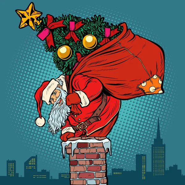 Santa Claus with a Christmas tree in a bag climbs the chimney — Stock Vector