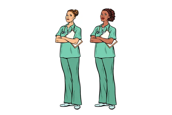 Поп-арт медсестра белая и африканская. Медицина и здоровье — стоковый вектор