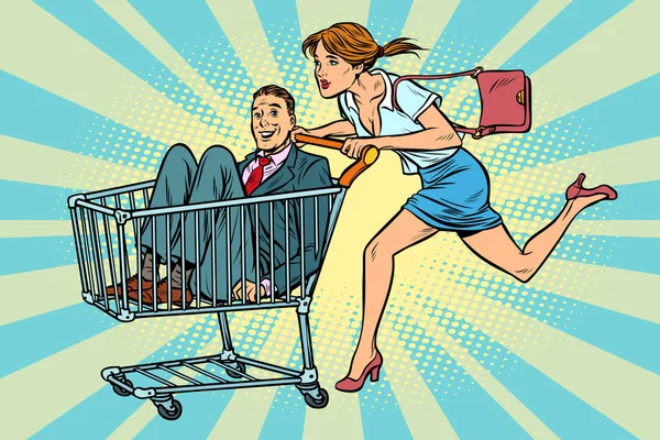 Γυναίκα αγόρασε ένα γαμπρό, ψώνια καλάθι άμαξα πώληση — Διανυσματικό Αρχείο