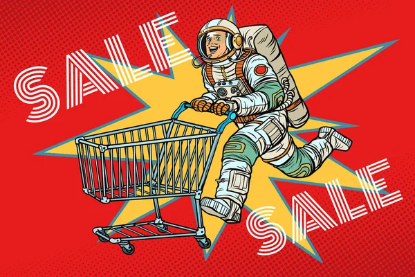 Astronauta a la venta. carro de la compra — Vector de stock