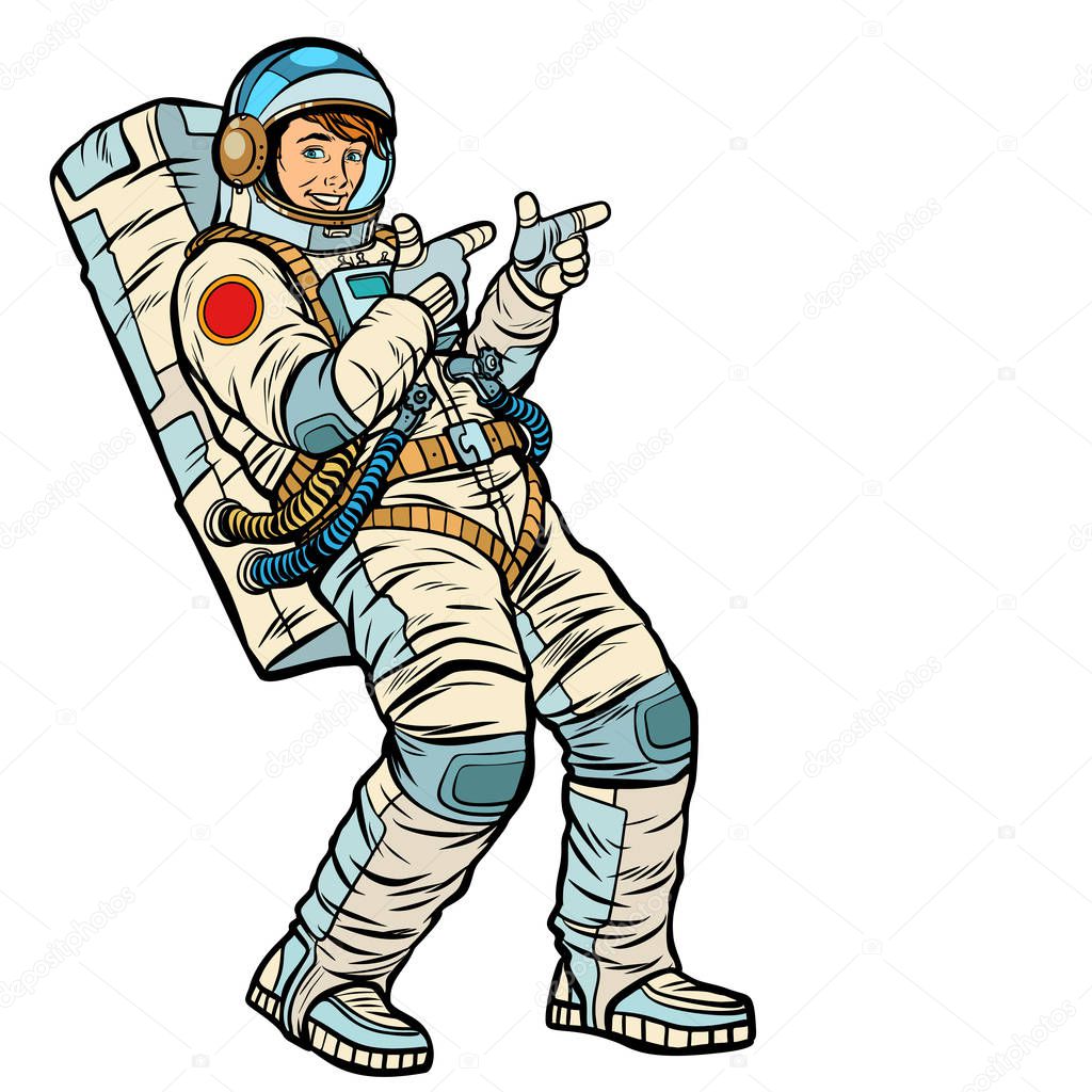 Astronaut young man points. isolate on a white background