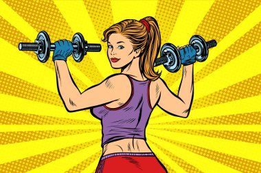 Pop art sportif kadın dumbbells ile