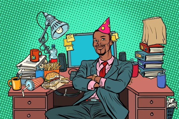 Arte pop empresario africano cumpleaños, lugar de trabajo — Vector de stock