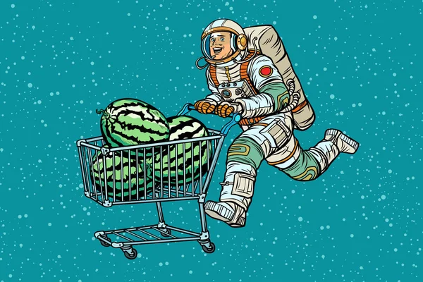 Astronaut kauft Wassermelonen. Einkaufswagen-Verkauf — Stockvektor