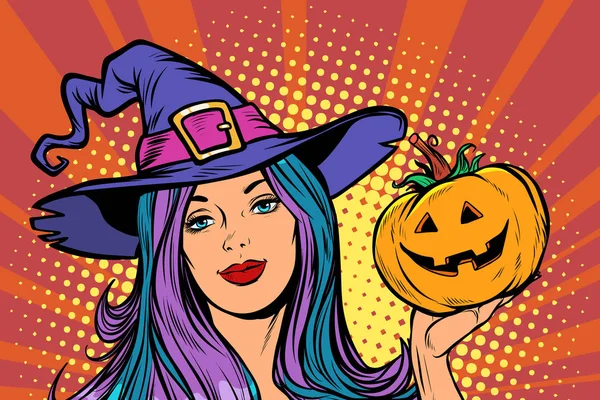 Heureuse sorcière Halloween avec citrouille — Image vectorielle