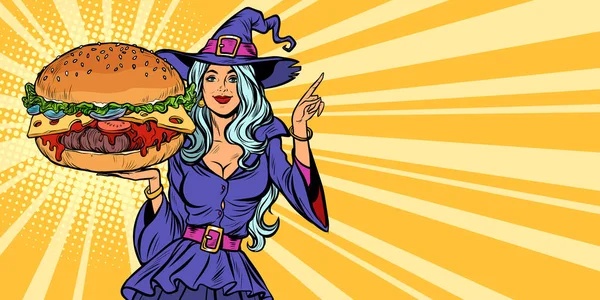 Bruja de Halloween presenta hamburguesa de vacaciones — Archivo Imágenes Vectoriales