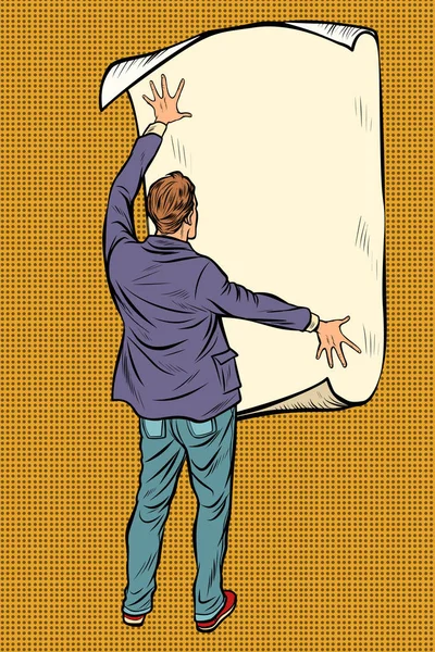 Hombre desplegado papel póster, anuncio en la pared — Archivo Imágenes Vectoriales