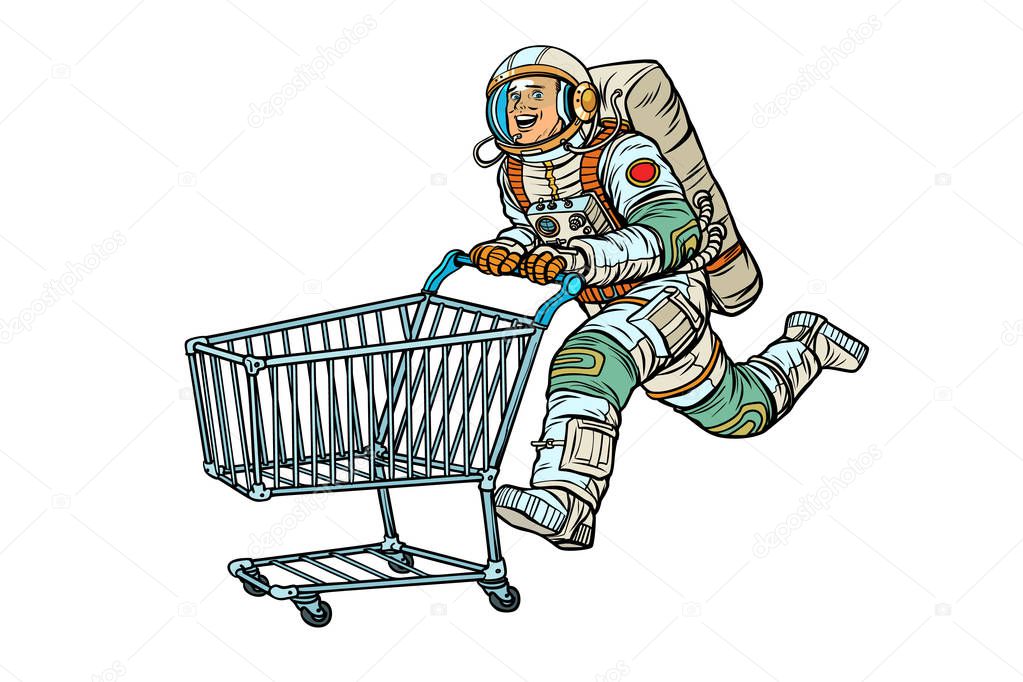 Astronaut in the store with a shopping cart. Isolate on white ba
