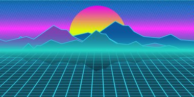 Cyberpunk retro bilgisayar arka plan. Dağlar, düz ve güneş