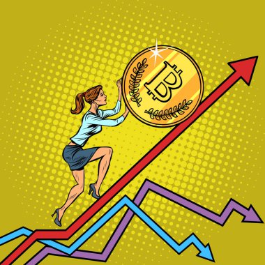 Kadın işkadını bir bitcoin rulo. Pop Art retro vektör illüstrasyon klasiği