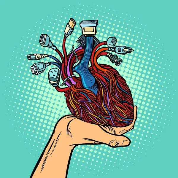 Coração cibernético na mão humana — Vetor de Stock