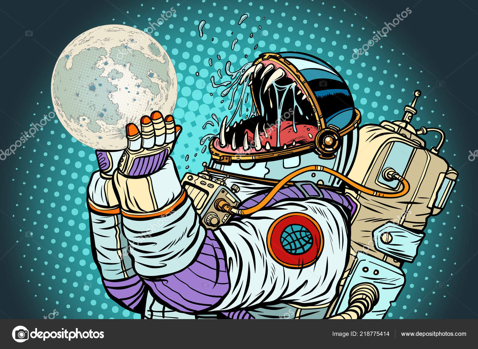 Astronauta atacado por ilustração de monstros lunares
