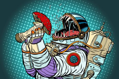 Astronaut monster eats Fly agaric. Greed and hunger of mankind c clipart
