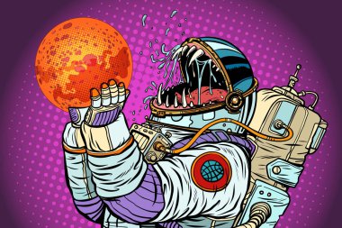 Astronot canavar Mars yiyor. Açgözlülük ve açlık insanlığı kavramının