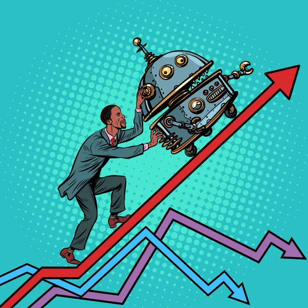 Robotization and technical revolution concept. Businessman pushe — Stock Vector