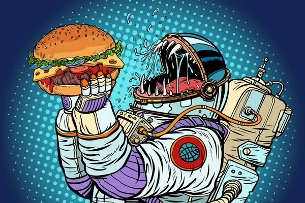 Monster Astronot makan burger. Keserakahan dan kelaparan umat manusia conce - Stok Vektor