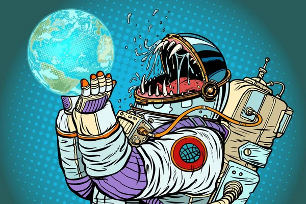 Astronauta mostro pianeta terra. Avidità e fame dell'umanità conc. — Vettoriale Stock