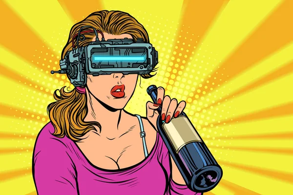 Стаканы Виртуальной Реальности Женщина Пьет Вино Бутылки Одиночество Грусть Винтажный — стоковый вектор