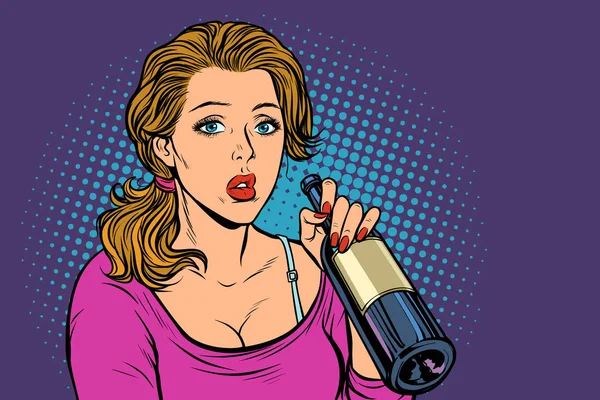 Жінка п'є вино з пляшки. Самотність і смуток — стоковий вектор
