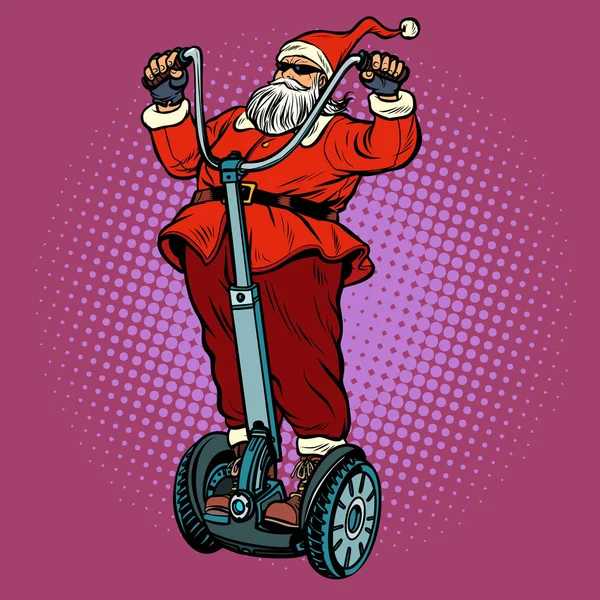 Мотоциклист Санта Клауса с рождественскими подарками ездит на электрическом скутере — стоковый вектор
