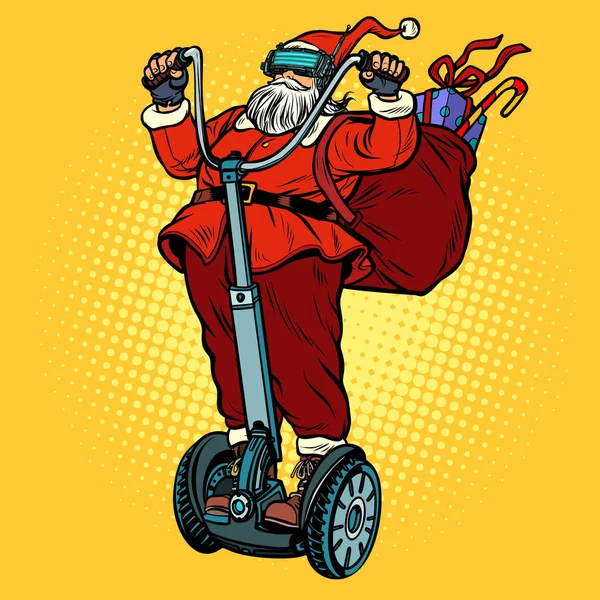 Santa Claus en gafas VR, con regalos de Navidad monta un electri — Vector de stock