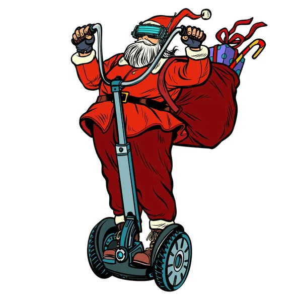 Санта-Клаус в очках VR, с рождественскими подарками ездит на электро — стоковый вектор