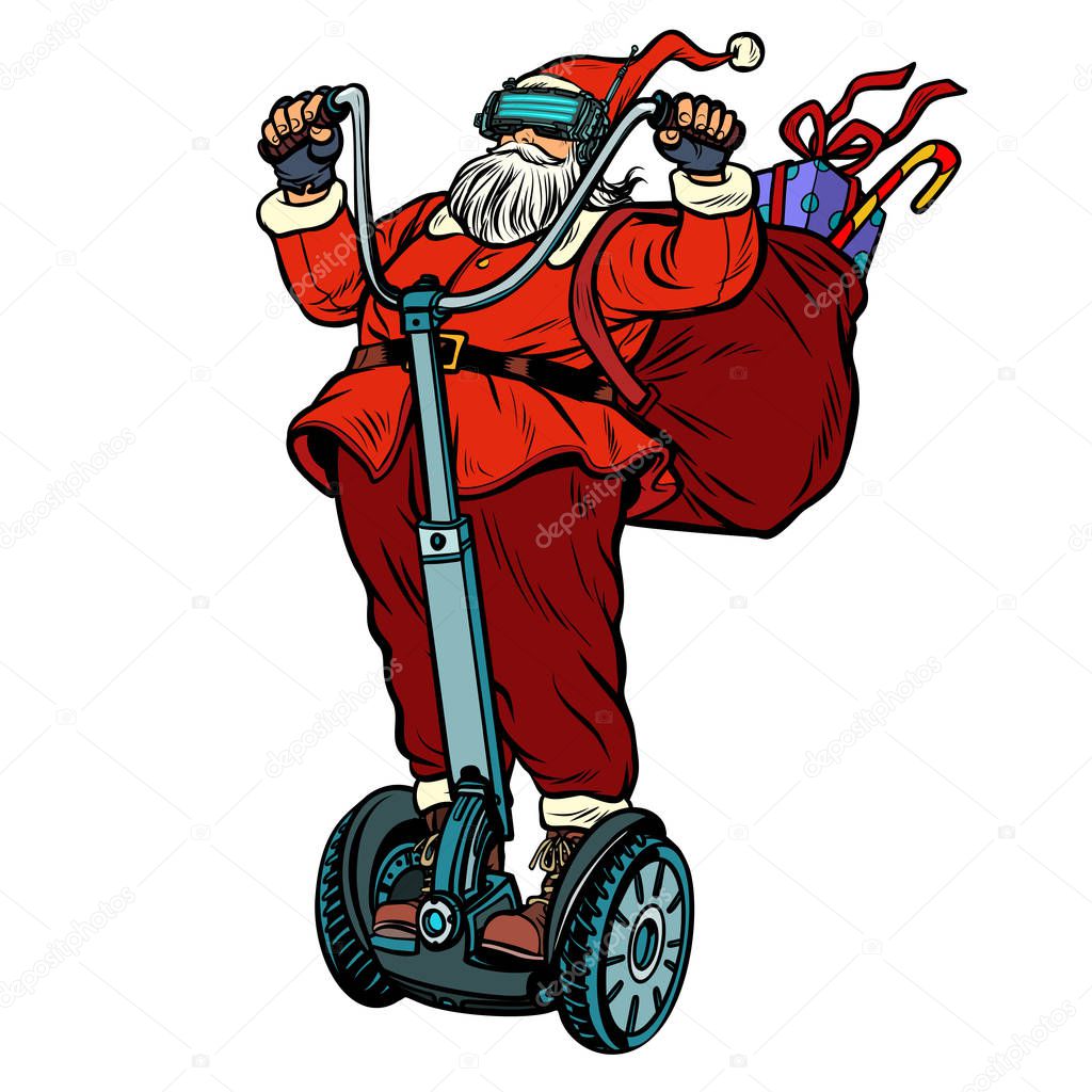Santa Claus in VR glasses, with Christmas gifts rides an electri