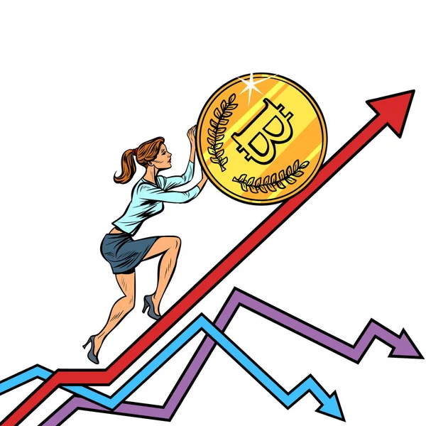 Kvinna affärskvinna summera ett bitcoin mynt — Stock vektor