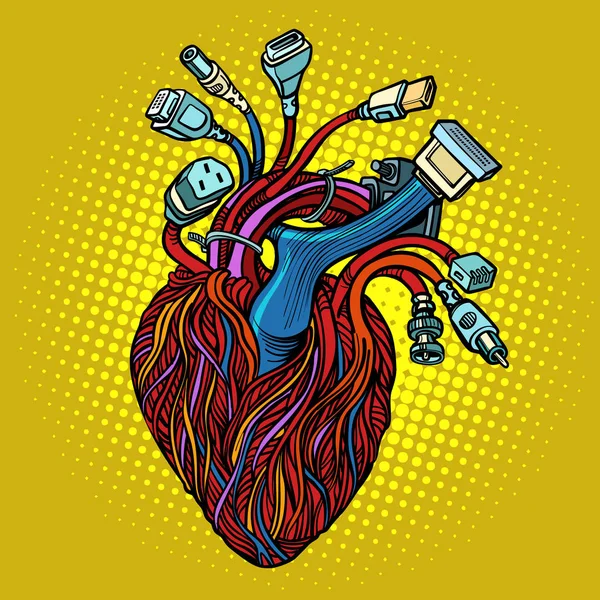 Cyber szív. Vezetékek és kábelek — Stock Vector