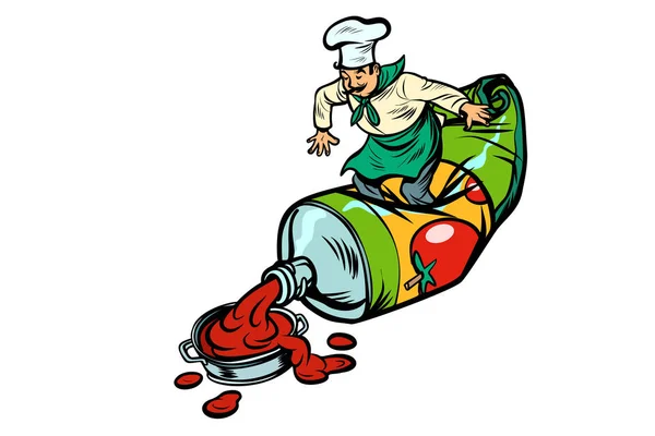 Kleine chef-kok knijpt ketchup. Koken voedsel — Stockvector