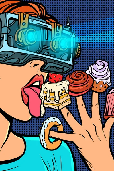 Woman in virtual reality glasses eating sweets — Stock Vector