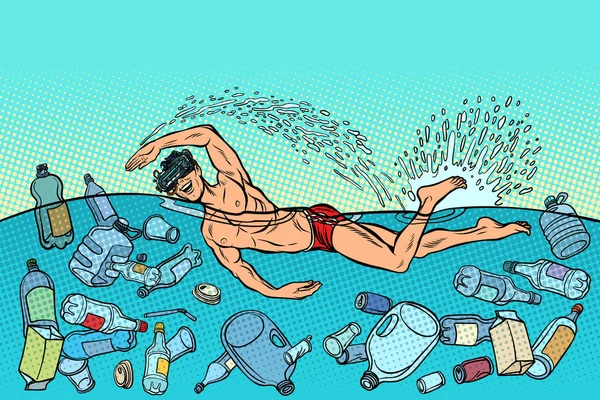 Загрязнение океана пластиковым мусором. Экологическая концепция. виртуальная реальность — стоковый вектор