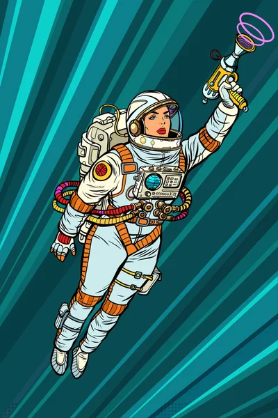 Spadochroniarz astronauta kobieta superbohatera z Blaster, nauka fict — Wektor stockowy