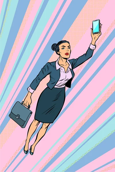 Женщина бизнесвумен, супергерой летает — стоковый вектор